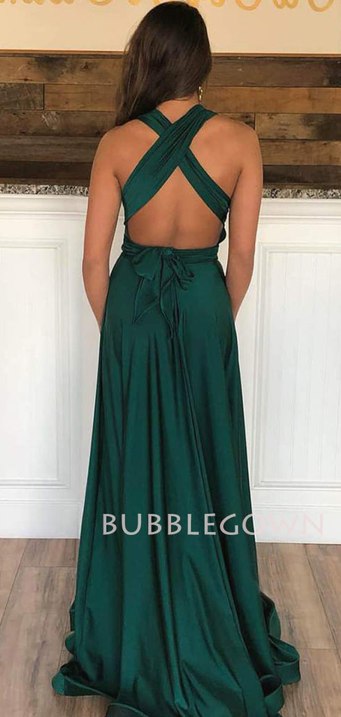 Deep V Neck Green Elastic Satin A-line Long Evening Prom Dresses, Cheap Custom Prom Dresses, MR7554