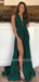 Deep V Neck Green Elastic Satin A-line Long Evening Prom Dresses, Cheap Custom Prom Dresses, MR7554