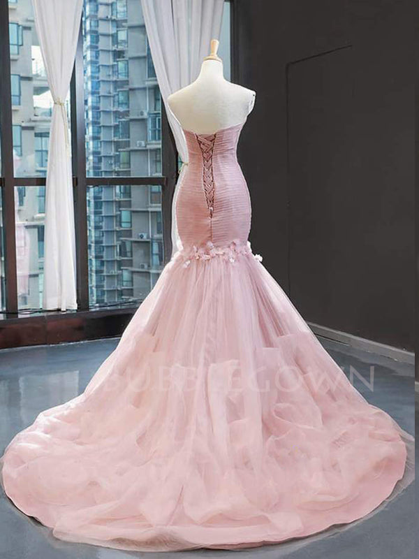 Pink Tulle Mermaid Sweetheart Ruffle Long Evening Prom Dresses, MR7558