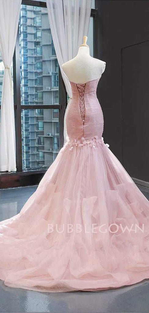 Pink Tulle Mermaid Sweetheart Ruffle Long Evening Prom Dresses, MR7558