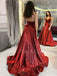 Burgundy Satin A-line Spaghetti Straps V Neck Simple Long Evening Prom Dresses, Cheap Custom prom dresses, MR7562