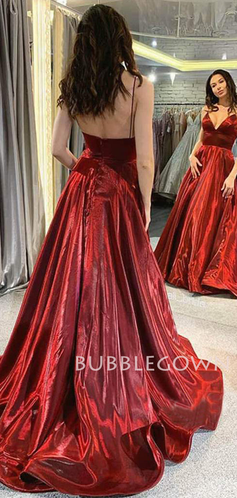 Burgundy Satin A-line Spaghetti Straps V Neck Simple Long Evening Prom Dresses, Cheap Custom prom dresses, MR7562