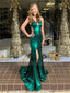 Mermaid Green Satin Spaghetti Straps Long Backless Evening Prom Dresses, Cheap Custom prom dresses, MR7564