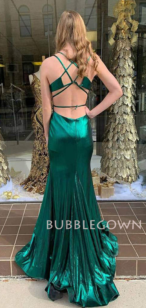 Mermaid Green Satin Spaghetti Straps Long Backless Evening Prom Dresses, Cheap Custom prom dresses, MR7564