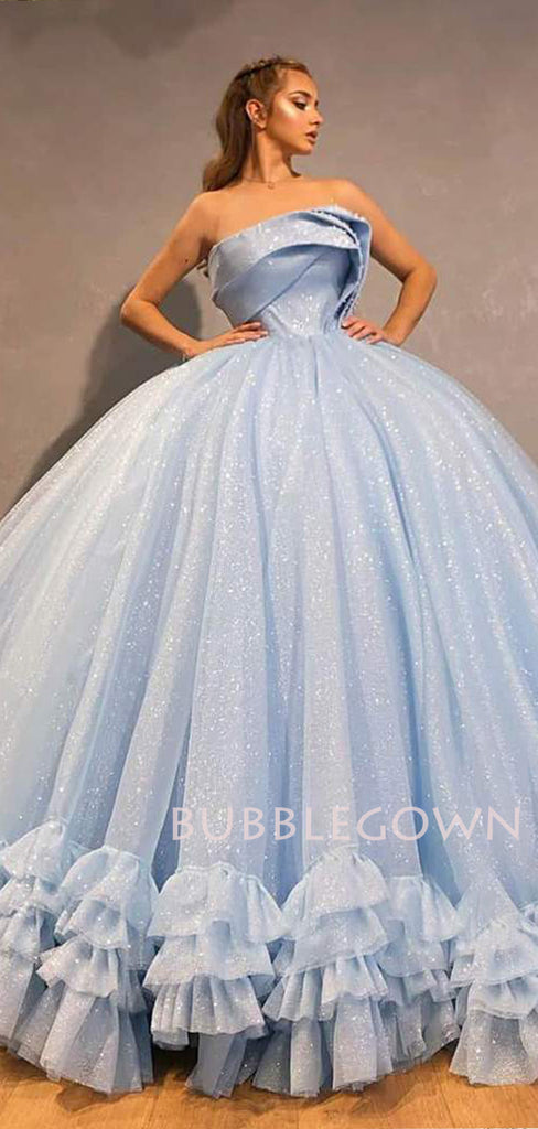 Ball Gown Sky Blue Tulle Beaded Strapless Long Sparkle Evening Prom Dresses, Cheap Custom Prom Dresses, MR7565