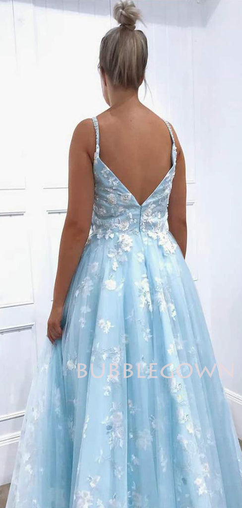 Exquisite Sky Blue Lace Spaghetti Straps V Neck A-line Long Evening Prom Dresses, Cheap Custom Prom Dress, MR7567