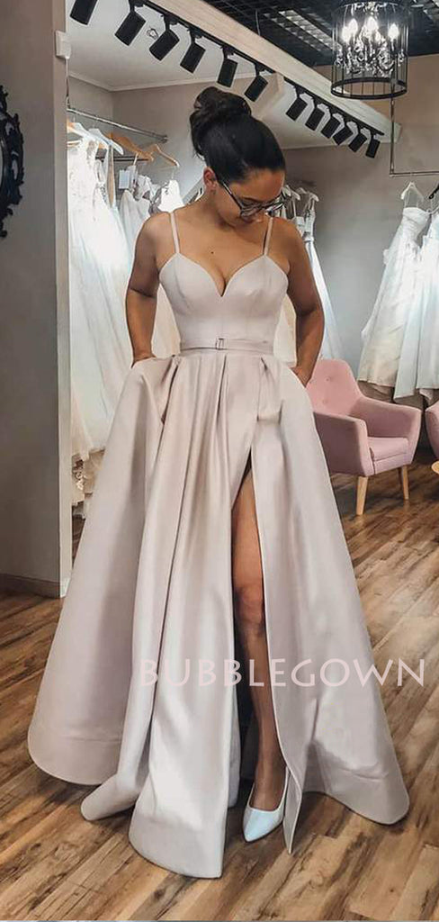 A-line V Neck Spaghetti Straps Satin Long Side Slit Evening Prom Dresses, Cheap Custom prom dresses, MR7568