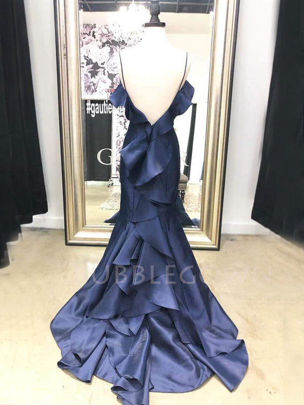 Mermaid Navy Blue Satin Spaghetti Straps Long Backless Evening Prom Dresses, Cheap Custom Prom Dresses, MR7570