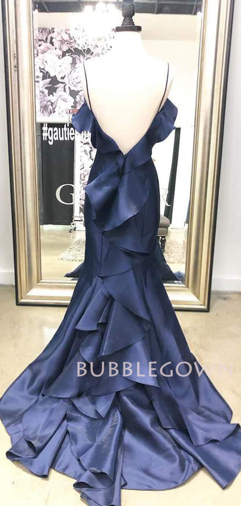 Mermaid Navy Blue Satin Spaghetti Straps Long Backless Evening Prom Dresses, Cheap Custom Prom Dresses, MR7570