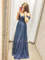 Navy Blue Tulle Off Shoulder A-line Long Sparkly Evening Prom Dresses, Cheap Custom Prom Dress, MR7572