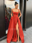 A-Line Red Satin Spaghetti Straps Long Side Slit Evening Prom Dresses, Cheap Custom prom dresses, MR7574