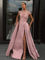 A-Line Pink Satin Beaded Long Side Slit Evening Prom Dresses, Cheap Custom prom dresses, MR7575