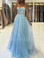 Blue Tulle Appliques A-line Lace Long Strapless Evening Prom Dresses, Cheap Custom Prom Dresses, MR7577