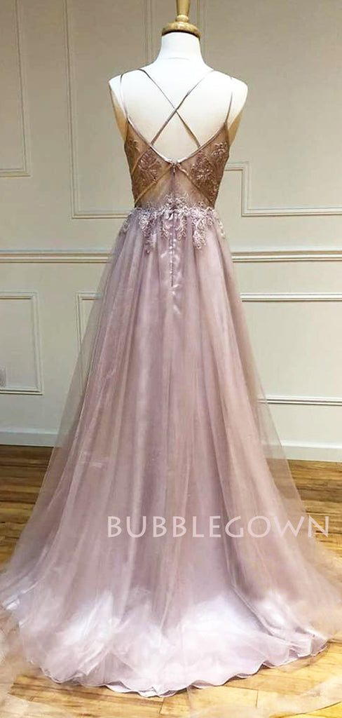 Sexy Deep V Neck Dusty Pink Tulle Appliques Beaded Lace Long Evening Prom Dresses, Cheap Custom Prom Dresses, MR7581