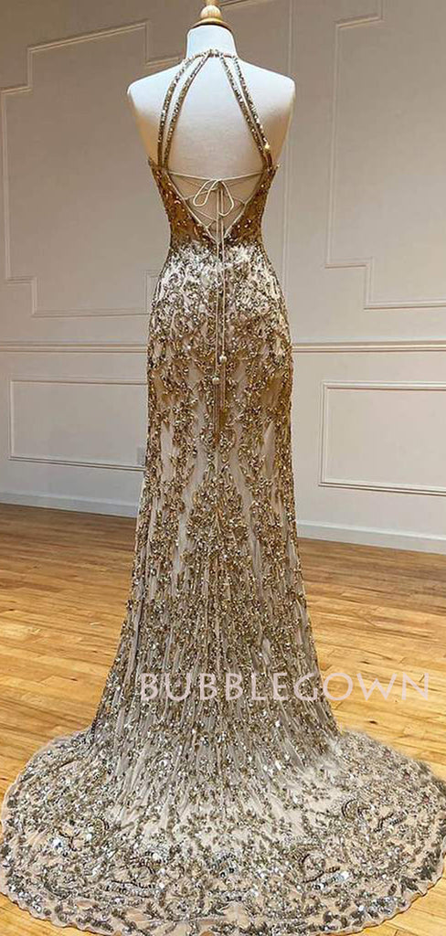 Sheath/Column Gold Beaded Halter Long Evening Prom Dresses, MR7582