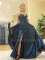 Navy Blue Satin V Neck Beaded A-line Long Backless Evening Prom Dresses, Cheap Custom prom dresses, MR7583