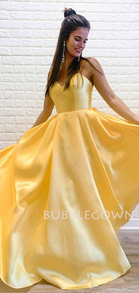 Sweet Yellow Satin V Neck A-line Spaghetti Straps Simple Long Evening Prom Dresses, Cheap Custom prom dresses, MR7587