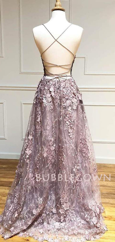 Criss-Cross Straps Chic Dusty Purpple 3D Lace V Neck A-line Long Evening Prom Dresses, Cheap Custom Prom Dress, MR7588