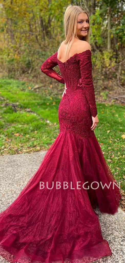 Off Shoulder Long Sleeves Burgundy Tulle Appliques Mermaid Lace Long Evening Prom Dresses, MR7590