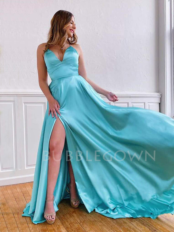 Aqua Satin V Neck Spaghetti Straps A-line Simple Backless Long Evening Prom Dresses, MR7591