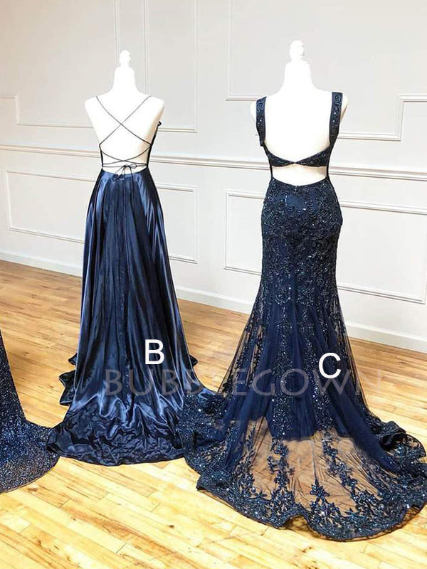 Navy Blue  Long Evening Prom Dresses, Cheap Custom Prom Dresses, MR7592