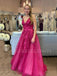 V Neck Hot Pink Tulle Appliques A-line Long Evening Prom Dresses, Cheap Custom Prom Dresses, MR7593