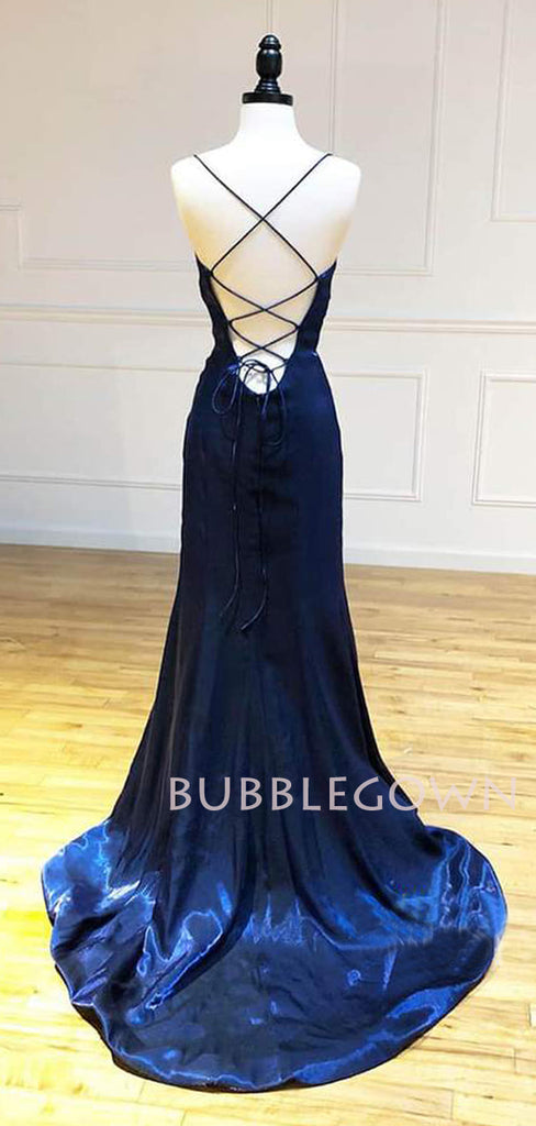 Navy Blue Satin V Neck Spaghetti Straps Long Evening Prom Dresses, Cheap Custom Prom Dresses, MR7596