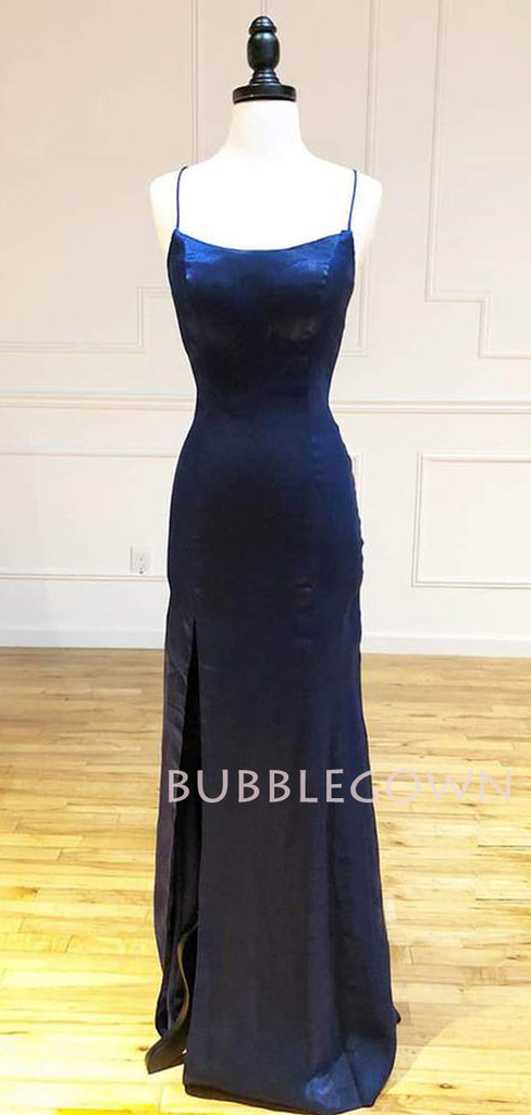 Navy Blue Satin V Neck Spaghetti Straps Long Evening Prom Dresses, Cheap Custom Prom Dresses, MR7596