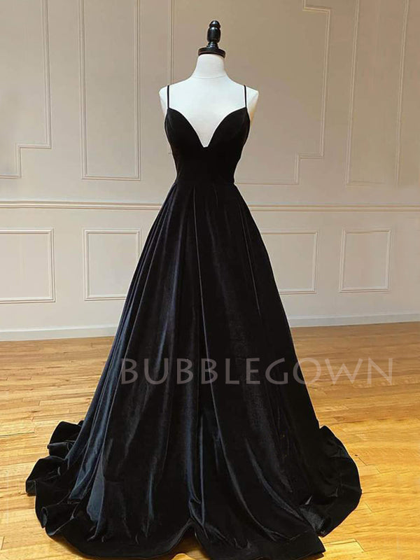 Black Velvet A-line V-neck Spaghetti Straps Long Evening Prom Dresses, Cheap Custom Prom Dresses, MR7606