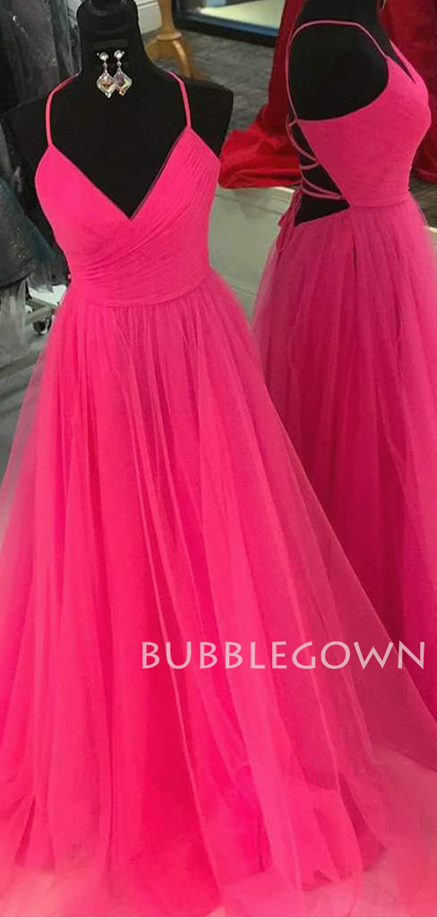 Hot Pink Tulle V-neck Pleat A-line Simple Spaghetti Straps Long Evening Prom Dresses, Cheap Custom Prom Dress, MR7608