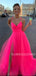 Hot Pink Tulle V-neck Pleat A-line Simple Spaghetti Straps Long Evening Prom Dresses, Cheap Custom Prom Dress, MR7608