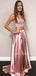 Two Pieces A-line Appliques Satin Long Evening Prom Dresses, Cheap Custom Prom Dresses, MR7614