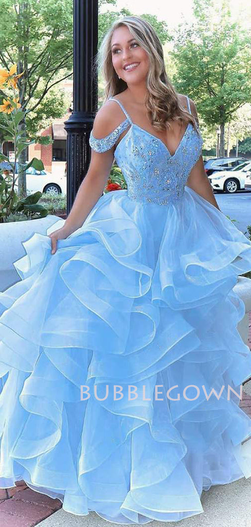 Ball Gown Sky Blue Organza Long Evening Prom Dresses, Cheap Sweet Prom dresses, MR7627