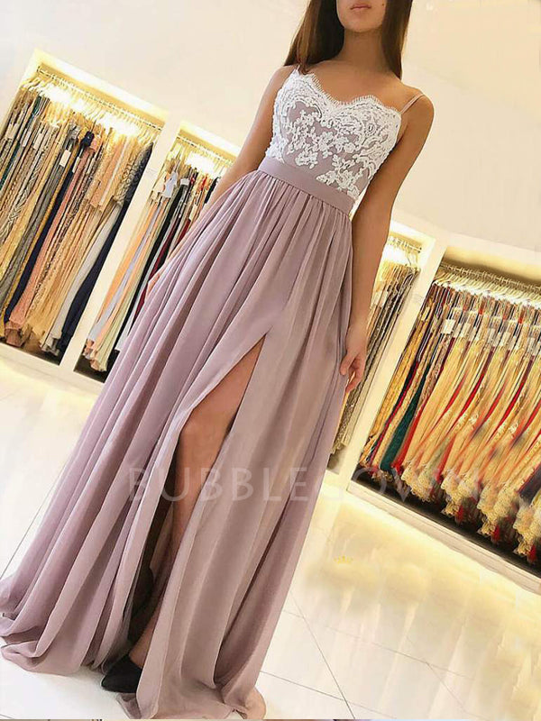 Copy of A-line Spaghetti Straps Chiffon Appliques Lace Long Evening Prom Dresses, Cheap Custom Prom Dresses, MR7628