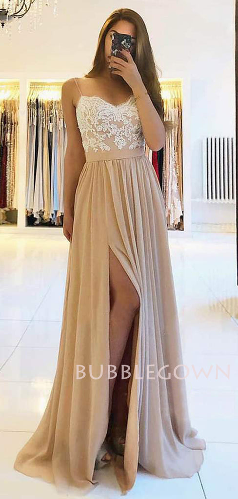 Copy of A-line Spaghetti Straps Chiffon Appliques Lace Long Evening Prom Dresses, Cheap Custom Prom Dresses, MR7628