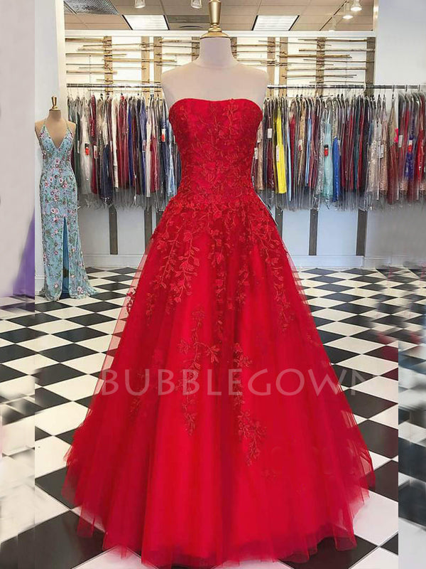 Red Tulle A-line Appliques Lace Long Evening Prom Dresses, Cheap Custom Prom Dress, MR7632