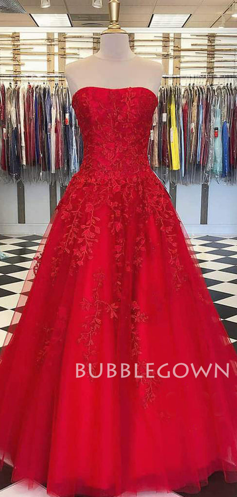 Red Tulle A-line Appliques Lace Long Evening Prom Dresses, Cheap Custom Prom Dress, MR7632