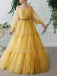 Off Shoulder Long Sleeves Yellow Tulle Long Evening Prom Dresses, Cheap Custom Prom Dress, MR7633