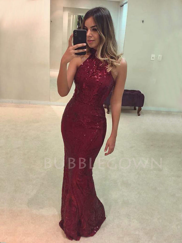 Halter Burgundy Sequin Mermaid Long Evening Prom Dresses, Cheap Custom Prom Dresses, MR7638