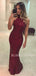 Halter Burgundy Sequin Mermaid Long Evening Prom Dresses, Cheap Custom Prom Dresses, MR7638