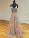 A-line Spaghetti Straps V-neck Beaded Long Evening Prom Dresses, Cheap Custom Prom Dress, MR7639