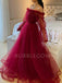 Off Shoulder Long Sleeves Burgundy Tulle Long Evening Prom Dresses, Cheap Custom Prom Dress, MR7641