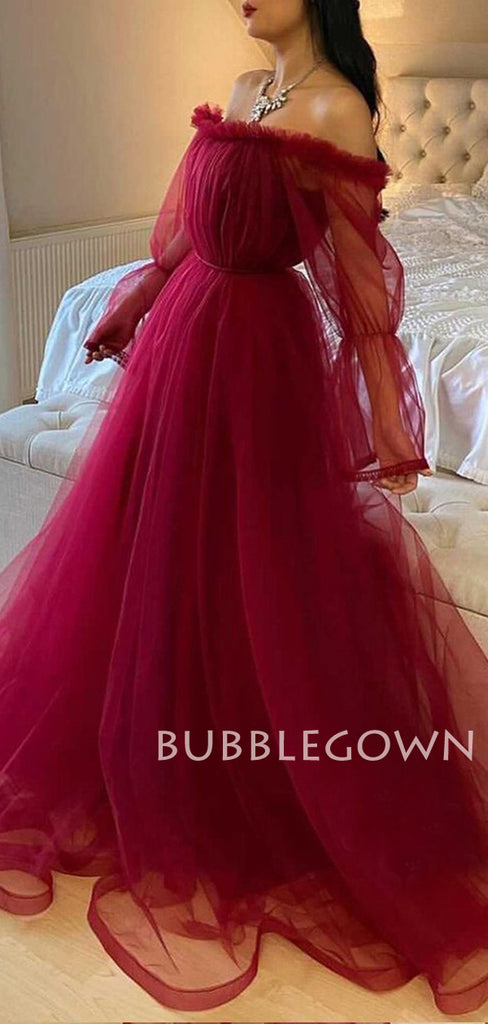 Off Shoulder Long Sleeves Burgundy Tulle Long Evening Prom Dresses, Cheap Custom Prom Dress, MR7641