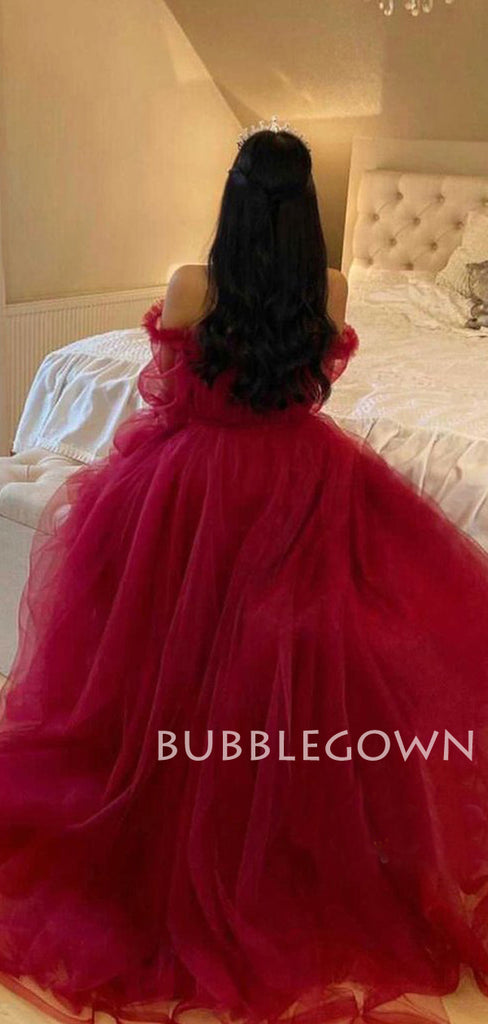 Off Shoulder Long Sleeves Burgundy Tulle Long Evening Prom Dresses, Cheap Custom Prom Dress, MR7641
