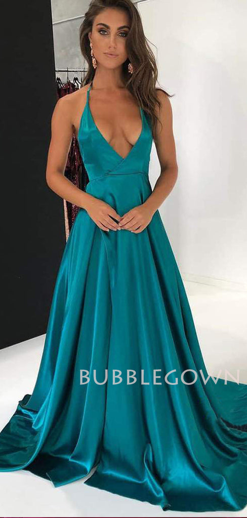 Halter Deep V Neck Satin Long Simple Long Backless Evening Prom Dresses, MR7643