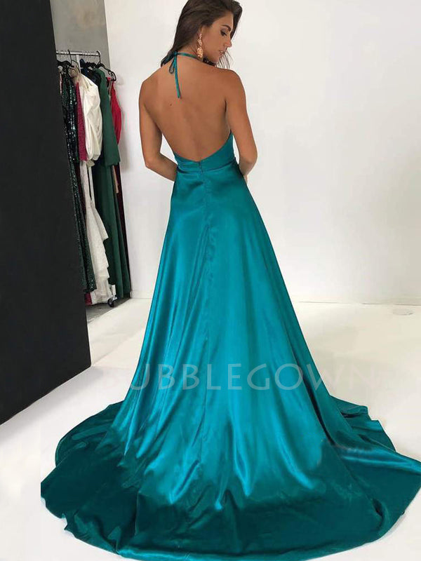 Halter Deep V Neck Satin Long Simple Long Backless Evening Prom Dresses, MR7643