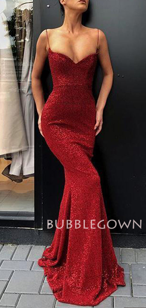 Burgundy Sequin Spaghetti Straps Long Mermaid Evening Prom Dresses, Cheap Custom Prom Dresses, MR7652