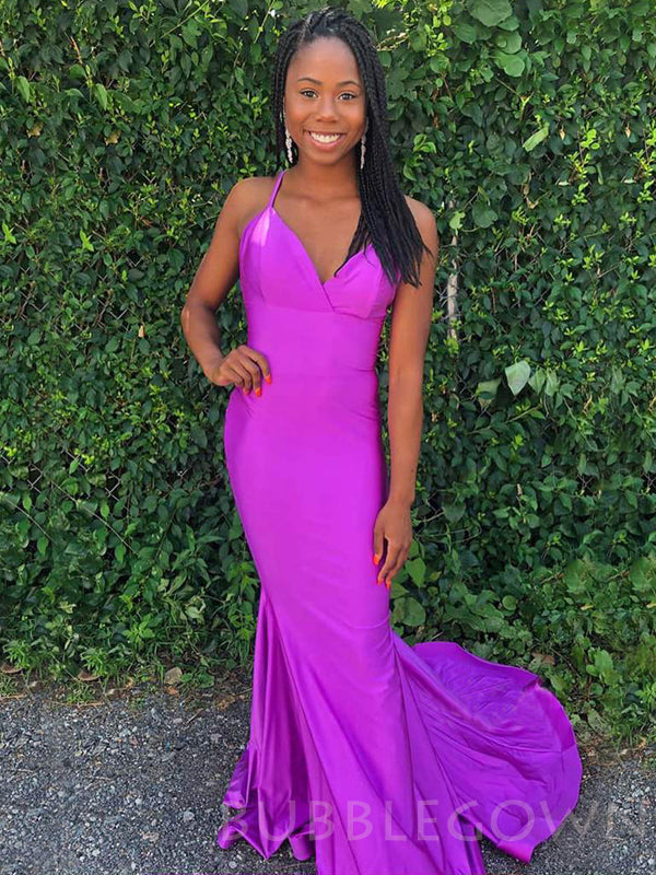 Mermaid Purple Satin Spaghetti Straps Long Backless Evening Prom Dresses, MR7654