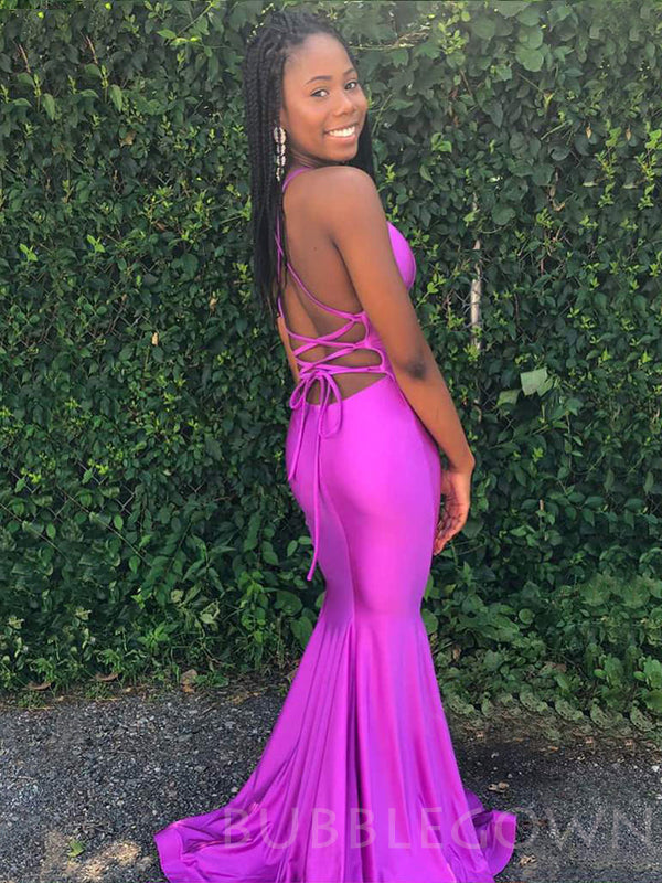 Mermaid Purple Satin Spaghetti Straps Long Backless Evening Prom Dresses, MR7654