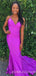 Mermaid Purple Satin Spaghetti Straps Long Backless Evening Prom Dresses, MR7654